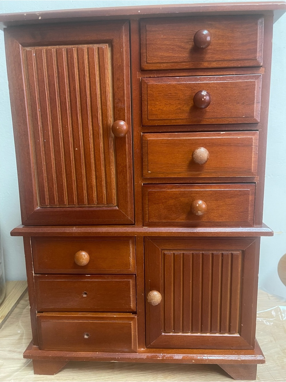 Vintage Mele Tall Wooden Jewelry Box with Seven Drawers and Drawers Mirror